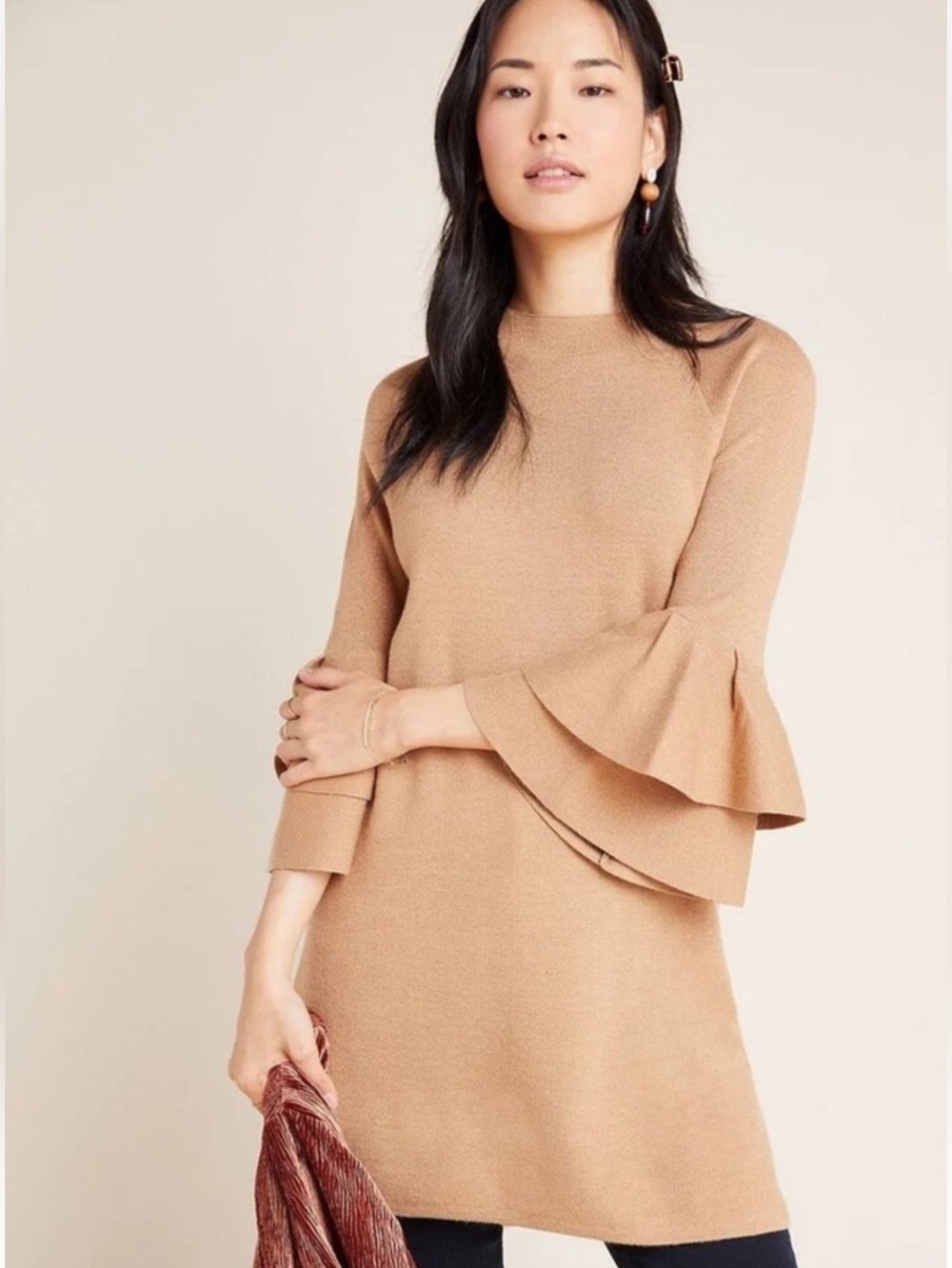 Anthropologie Claudette Ruffled Sweater Dress Tan Brown Size Medium